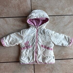 Vintage White and Pink Hooded Baby Jacket floral trim